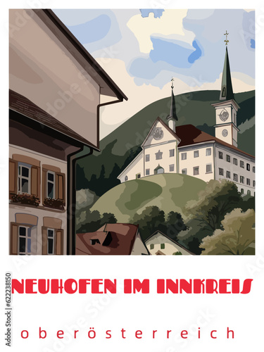 Neuhofen im Innkreis: Retro tourism poster with a Austrian landscape and the headline Neuhofen im Innkreis / Oberösterreich photo