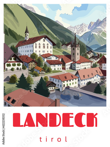 Landeck: Retro tourism poster with a Austrian landscape and the headline Landeck / Tirol