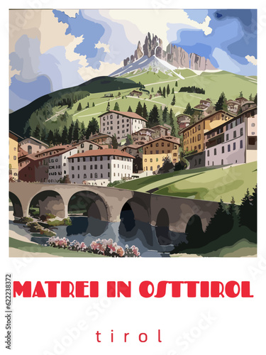 Matrei in Osttirol: Retro tourism poster with a Austrian landscape and the headline Matrei in Osttirol / Tirol