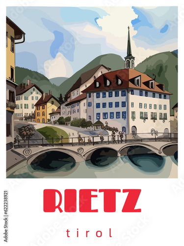 Rietz: Retro tourism poster with a Austrian landscape and the headline Rietz / Tirol