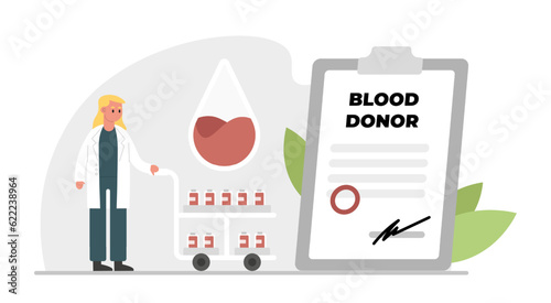 Woman standing near document for donor and carry cart with blood. Blood storage, medical bank to save people lives. Donation concept. Fast and safe medical care. Flat vector illustration