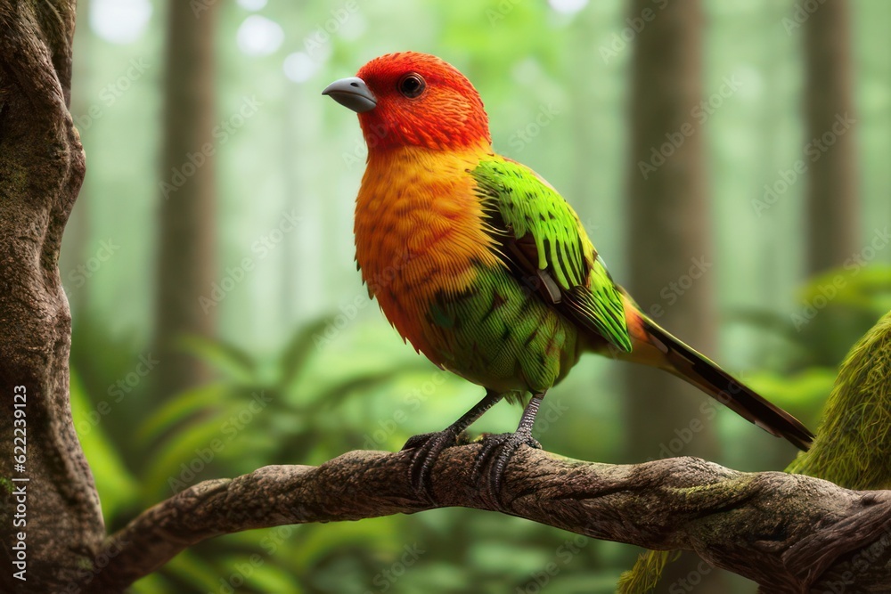 Colorful bird close-up on branch in the forest. Generative AI