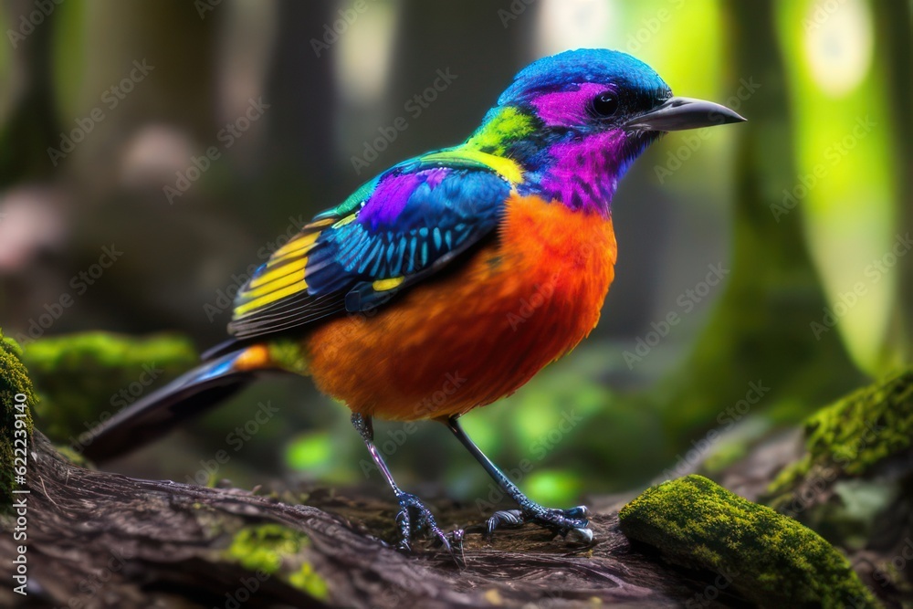 Colorful bird close-up in the forest. Generative AI