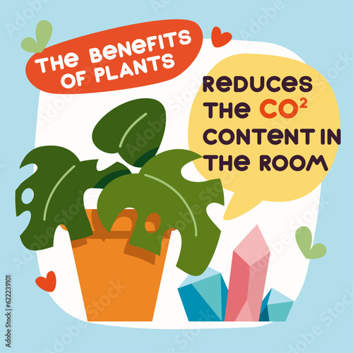 Illustration of the benefits of plants, a flat flower in a pot reduces the CO2 level in the room.