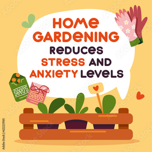 Illustration home gardening as a way to reduce stress and anxiety. Flat drawing of seedlings and gardening supplies.
