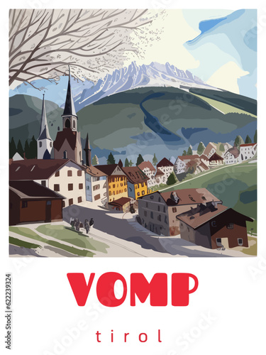 Vomp: Retro tourism poster with a Austrian landscape and the headline Vomp / Tirol