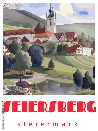 Seiersberg: Retro tourism poster with a Austrian landscape and the headline Seiersberg / Steiermark