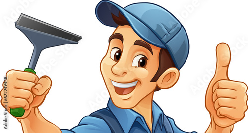 A window cleaner or car wash cleaning cartoon mascot man holding a squeegee washing tool