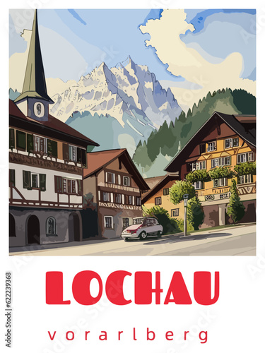 Lochau: Retro tourism poster with a Austrian landscape and the headline Lochau / Vorarlberg