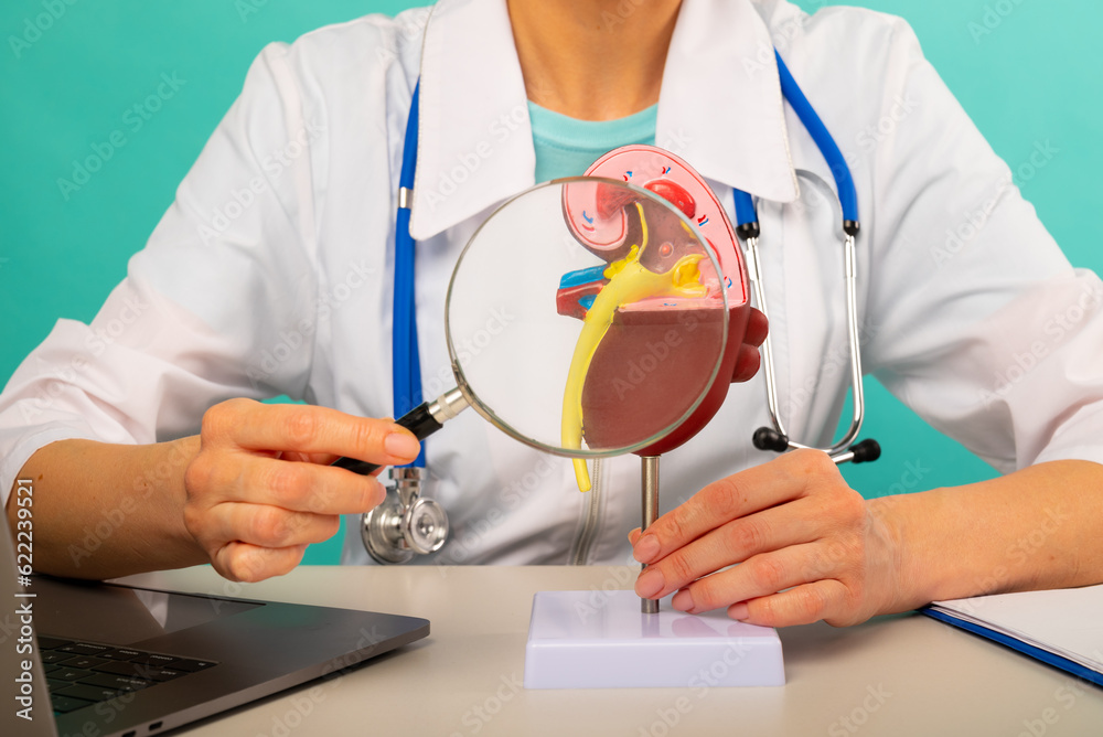 Male doctor showing a model of human kidney using magnifying glass. Early diagnosis and treatment. Male doctor showing a model of human kidney using magnifying glass. Early diagnosis and treatment.
