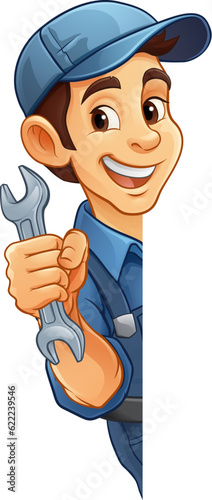 A handyman, mechanic, plumber or other construction cartoon mascot man holding a wrench or spanner tool.