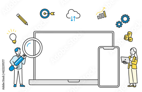 パソコン・タブレットを用いて紹介するイラスト素材