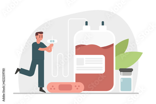 Nurse waiting for patient. Blood storage, medical bank to help people. Blood transfusion and safe transplantation. Donation concept. Fast and safe medical care. Vector illustration