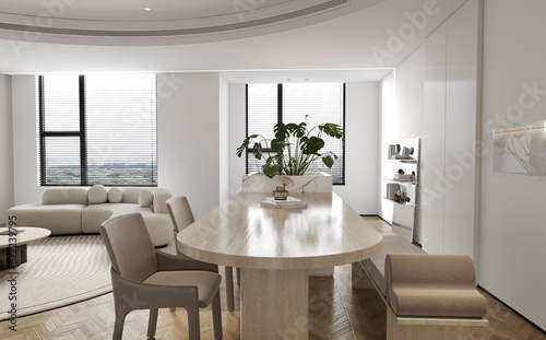 Modern Dining interior with dining table and chairs. 3D illustration 