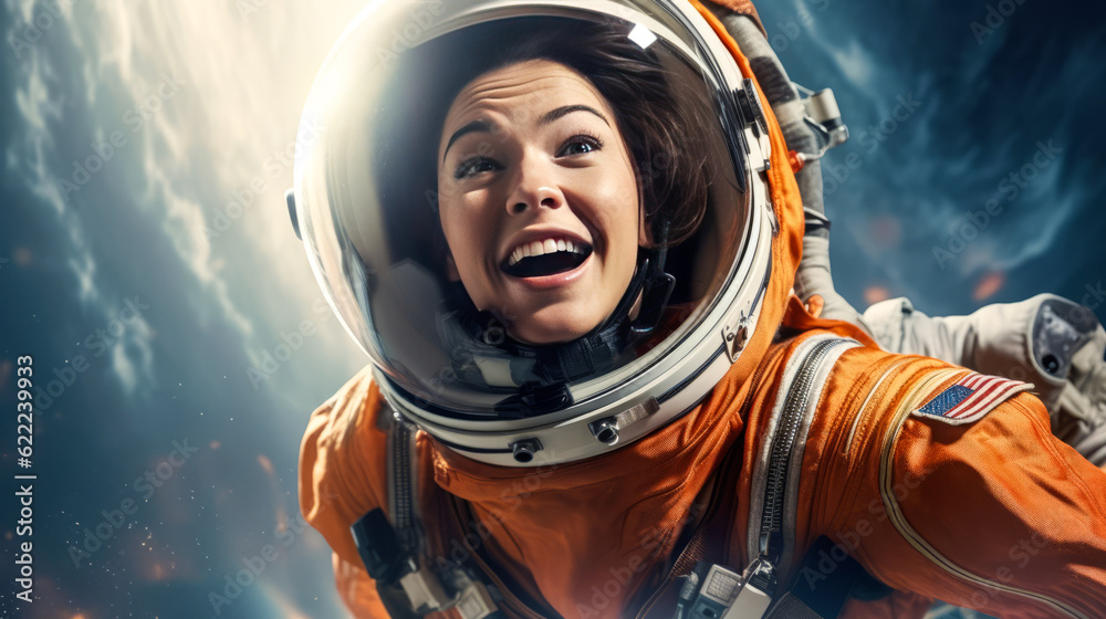 Enthralling image of a young woman, clad in astronaut gear, whimsically plucking star from cosmic surroundings; marvel and wonder on her face. Generative AI Enthralling image of a young woman, clad in astronaut gear, whimsically plucking star from cosmic surroundings; marvel and wonder on her face. Generative AI