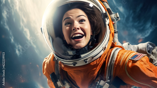Enthralling image of a young woman, clad in astronaut gear, whimsically plucking star from cosmic surroundings; marvel and wonder on her face. Generative AI