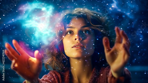 Enthralling image of a young woman amazed by the cosmic galaxy; hands gently cradling a colorful nebula, stirring emotion and curiosity. Generative AI