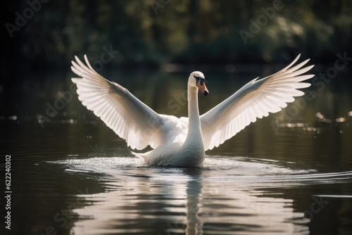 Fototapeta Naklejka Na Ścianę i Meble -  A graceful swan with wings gracefully spread, gliding across a serene lake