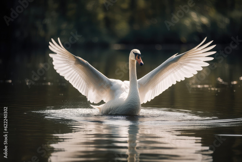 A graceful swan with wings gracefully spread  gliding across a serene lake