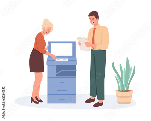 Woman stands near printer and makes copy of documents, colleague standing nearby and talking with her. Time management concept of workers doing office job. Coworking concept. Vector illustration