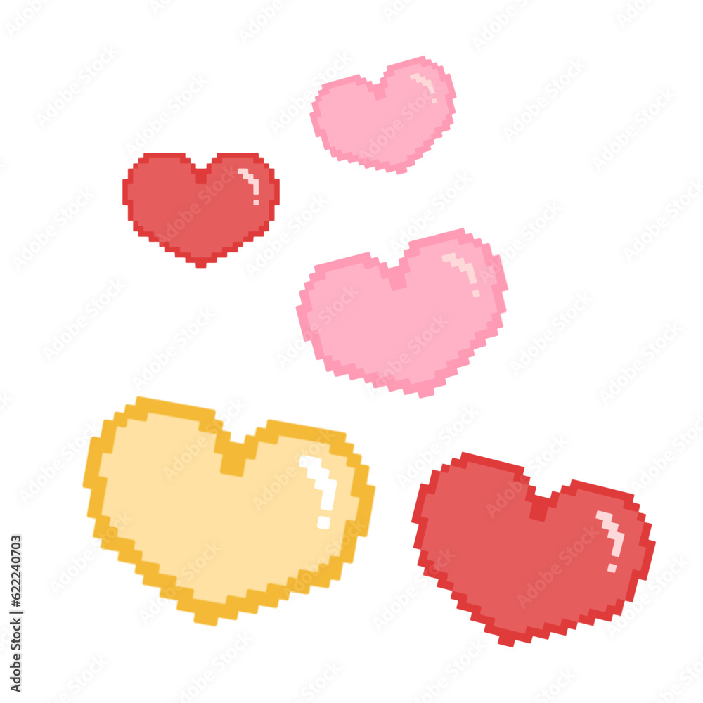 Set of hearts,pixel cartoon,cute, vector ,illustration,hand drawn ...