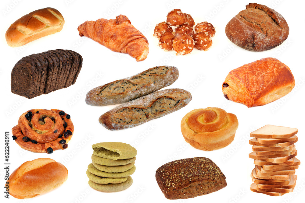 Assortiment de pains et viennoiseries sur fond blanc Assortiment de pains et viennoiseries sur fond blanc