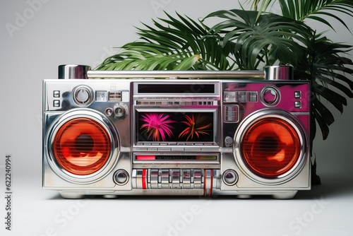 A transparent boombox with a tropical ambiance. It's summer and time to make party and dance