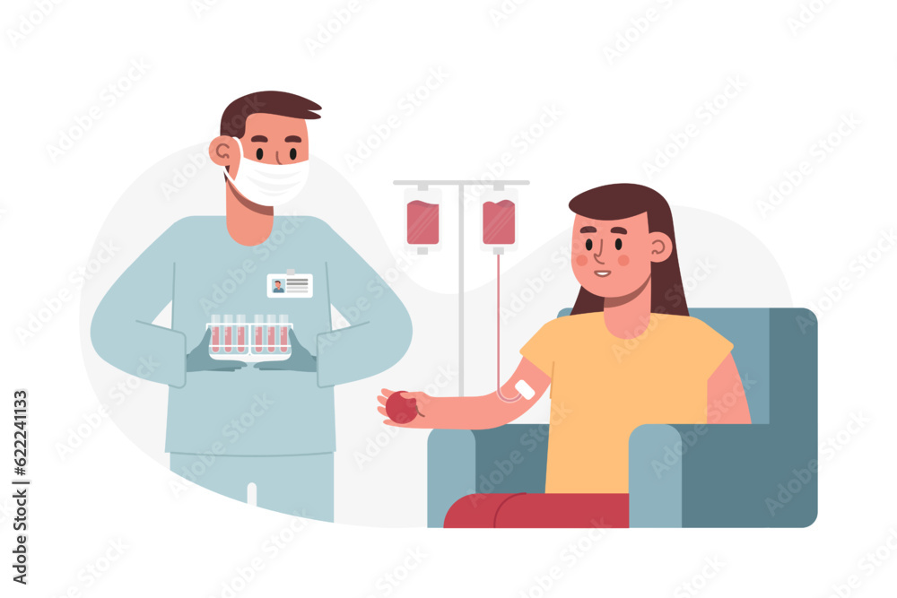 Young female sitting in armchair, holding ball and donate blood. Safe blood transplantation under the supervision of nurse. Blood transfusion. Flat vector illustration in cartoon style Young female sitting in armchair, holding ball and donate blood. Safe blood transplantation under the supervision of nurse. Blood transfusion. Flat vector illustration in cartoon style