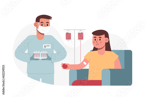 Young female sitting in armchair, holding ball and donate blood. Safe blood transplantation under the supervision of nurse. Blood transfusion. Flat vector illustration in cartoon style