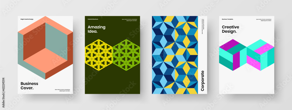 Creative mosaic pattern pamphlet concept composition. Colorful postcard vector design template bundle.