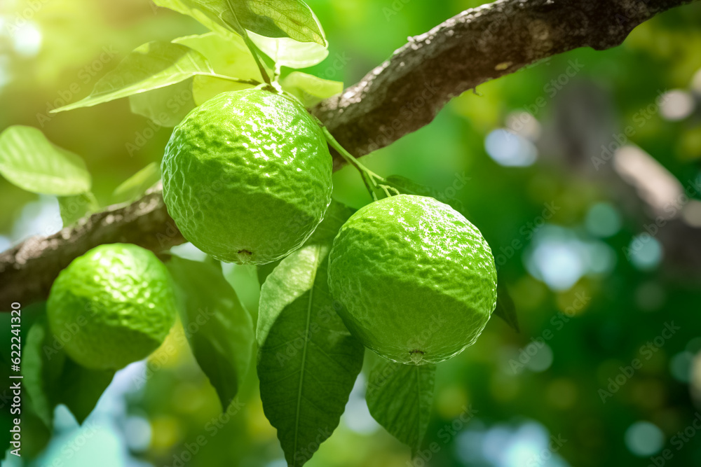 Fototapeta premium Close up of Bergamot fruit hanging on a bergamot tree branch in sunlight. 