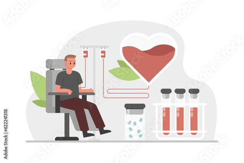 Blood storage, medical bank to save people lives. Male sitting on chair on blood transfusion and safe transplantation in clinic. Donation concept. Fast and safe medical care
