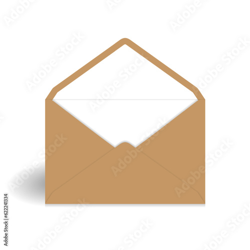 Kraft paper opened envelope with white envelope liner mockup template. Isolated on white background with shadow. Ready to use for your design or business. Vector illustration.