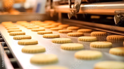 Many delicious cookies on production line. Biscuits on conveyor belt in confectionery factory. Production line at the bakery. Food Industry. 