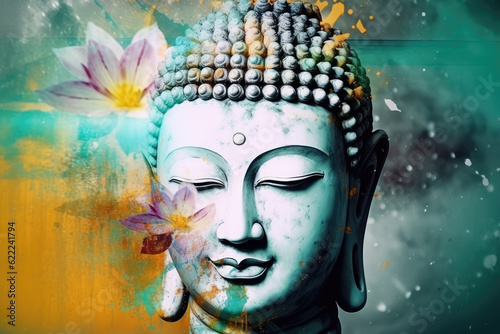 Beautiful photo buddha and flowers splashed in bright paint, generative AI