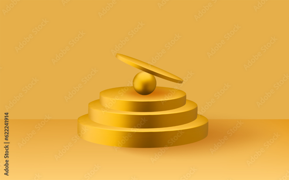 Light yellow minimal wall scene.Abstract geometric platforms.Empty 3d round golden podium with prism overlay. Light yellow minimal wall scene.Abstract geometric platforms.Empty 3d round golden podium with prism overlay.