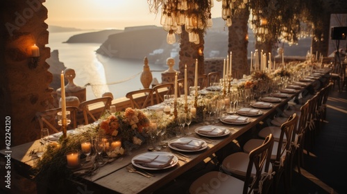wedding reception on the cliffs of santorini . table setting Santorini. party. festive table at sunset santorini