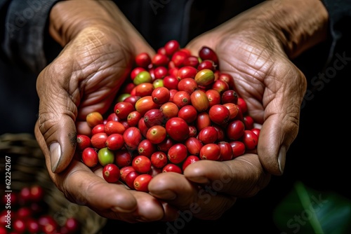 Agriculture picking coffee berries, Farmer's hand picking Arabica coffee berries or Robusta berries by the hands. Vietnam. Generative Ai © tong2530