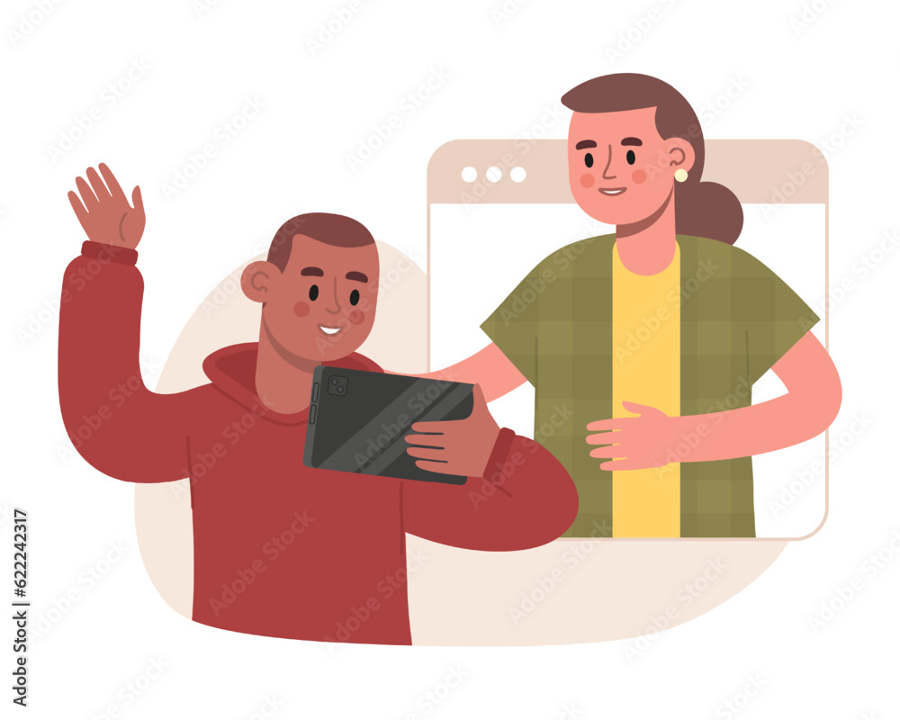 Man holding tablet and calling to young female. Online meeting with friend. Remote communication, video call. Flat vector illustration in cartoon style in brown colors Man holding tablet and calling to young female. Online meeting with friend. Remote communication, video call. Flat vector illustration in cartoon style in brown colors