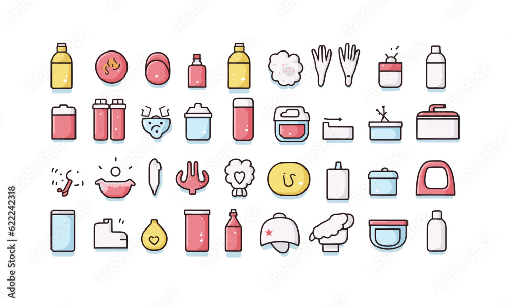Cleanliness web symbol set inline style. Cleaning, washing hands, shower, workshop, cleanser, respiratory veil, germicide, clean, assortment. Vector Cleanliness web symbol set inline style. Cleaning, washing hands, shower, workshop, cleanser, respiratory veil, germicide, clean, assortment. Vector