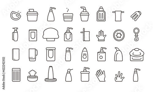 Cleanliness web symbol set inline style. Cleaning, washing hands, shower, workshop, cleanser, respiratory veil, germicide, clean, assortment. Vector