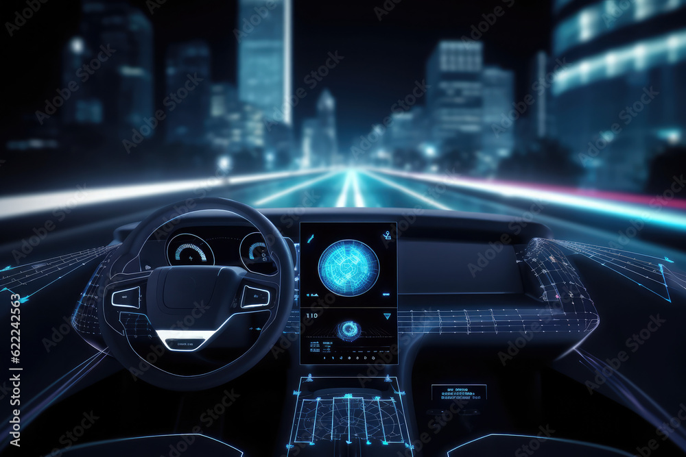 Intelligent transportation system (IoT) enabled smart car (HUD) concept with graphic sensor, radar signal system, and internet sensor link, generative AI