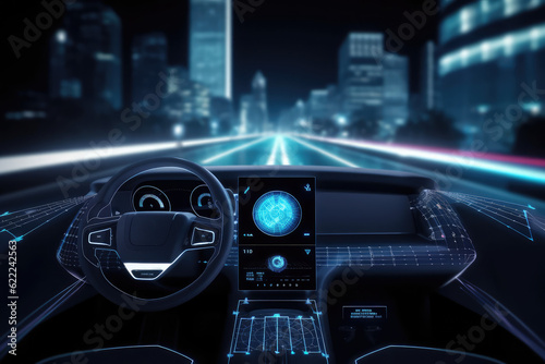 Intelligent transportation system (IoT) enabled smart car (HUD) concept with graphic sensor, radar signal system, and internet sensor link, generative AI © Kien