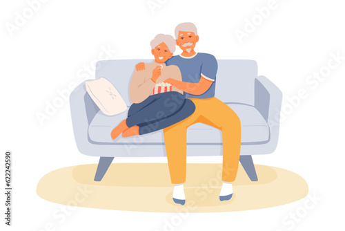 Pensioners seating on sofa eating popcorn. Modern senior people spending time together and resting. Woman and man watching movie at home. Flat vector illustration in warm colors