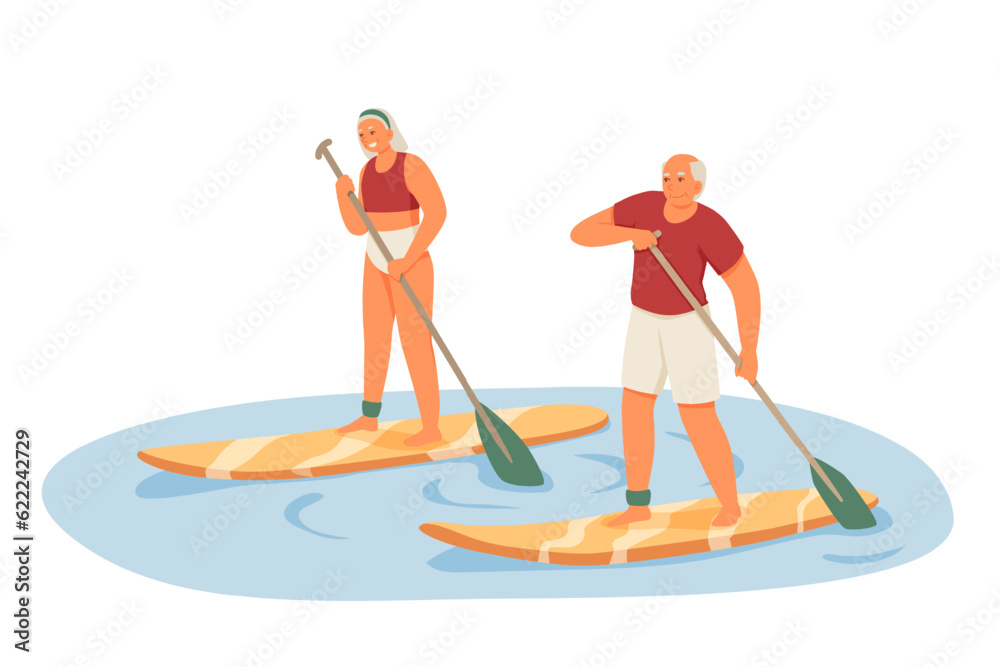 Adult man and woman standing on sup board and float on river. Happy and modern pensioners having fun. Active senior adults concept. Recreation on water. Flat vector illustration in warm colors
