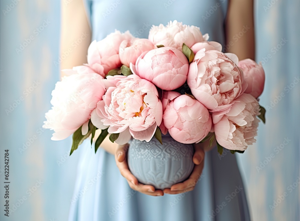 Round box with Bouquet of Pink peonies in a women hand. Beautiful peony ...