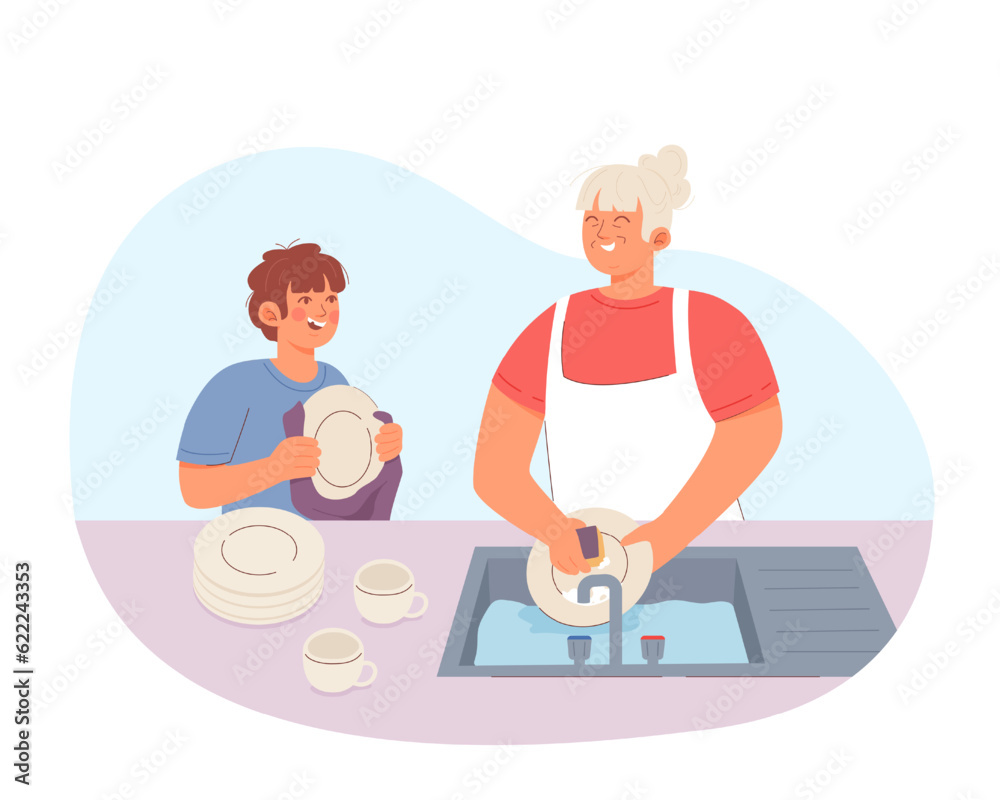 Families cooking in kitchen. Mother and son washing dishes. Grandparent teaching grandchild kitchen skills. Cleaning and washing concept. Flat vector illustration in warm colors Families cooking in kitchen. Mother and son washing dishes. Grandparent teaching grandchild kitchen skills. Cleaning and washing concept. Flat vector illustration in warm colors