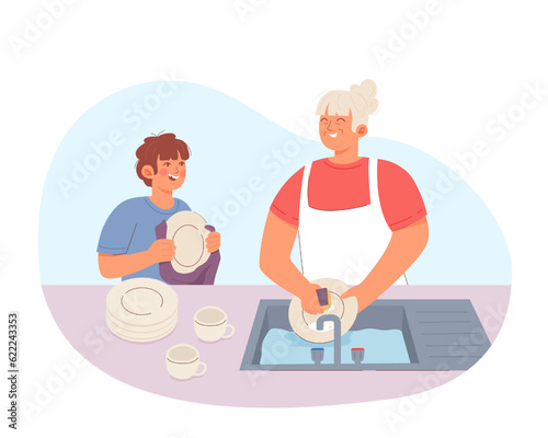 Families cooking in kitchen. Mother and son washing dishes. Grandparent teaching grandchild kitchen skills. Cleaning and washing concept. Flat vector illustration in warm colors