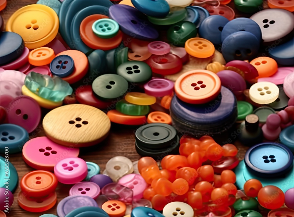 Many colorful garment buttons in various shapes and sizes. SEAMLESS PATTERN. Created with Generative AI technology. Many colorful garment buttons in various shapes and sizes. SEAMLESS PATTERN. Created with Generative AI technology.