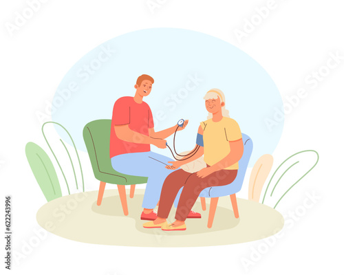 Young medical worker helping to elderly human, provide medical support. Male sitting near old woman on armchair and measuring blood pressure. Care of elderly people concept. Vector illustration